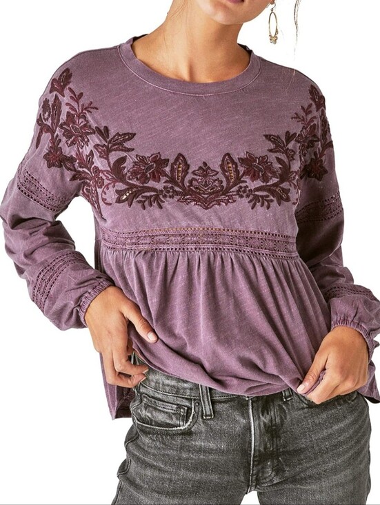 Lucky Brand Tops - NWT Lucky Brand Women's Long-Sleeve Embroidered Peasant Top - Plum